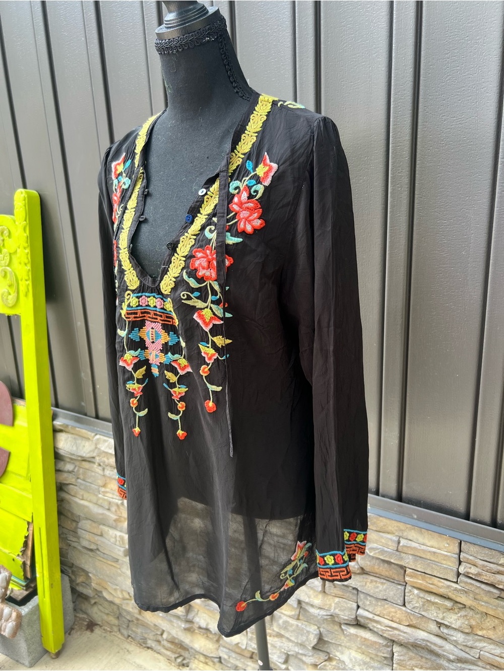 Johnny Was Black Embroidered Boho Tunic with Yellow Trim - Picture 5 of 7
